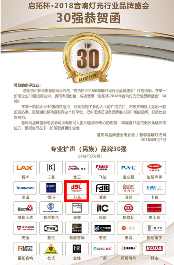 2018年爵士龍音響成功晉級(jí)30強(qiáng)